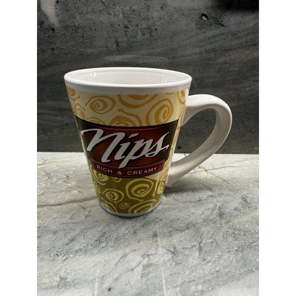 Vintage Nestle Candy Nips Rich & Creamy Coffee Mug Ceramic Yellow Swirl Design‎